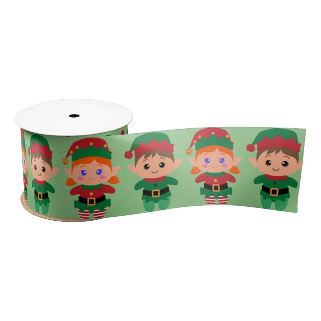 Boy and Girl Christmas Elves Green Satin Ribbon (Spool)