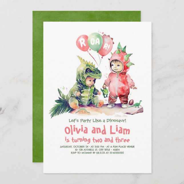 Boy and Girl Dinosaur Joint Birthday Invitation (Front/Back)