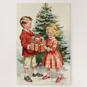 Boy and girl giving each other Christmas presents Jigsaw Puzzle