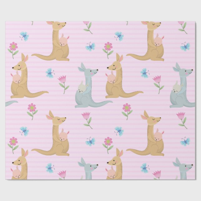 Boy and Girl Kangaroo Baby Wrapping Paper (Flat)