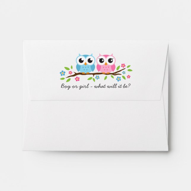 Boy and girl owls on floral branch gender reveal envelopes (Back (Top Flap))