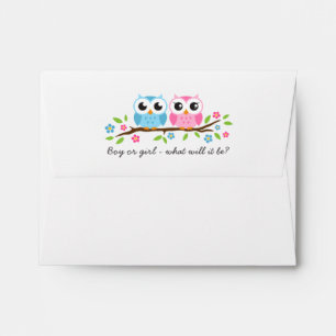 Boy and girl owls on floral branch gender reveal envelopes