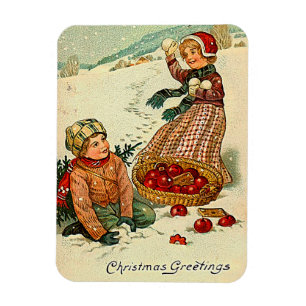 Boy and Girl Playing in the snow Vintage Christmas Magnet
