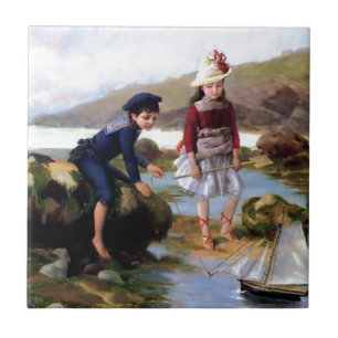 Boy and Girl playing with Toy Sail Ship painting Tile