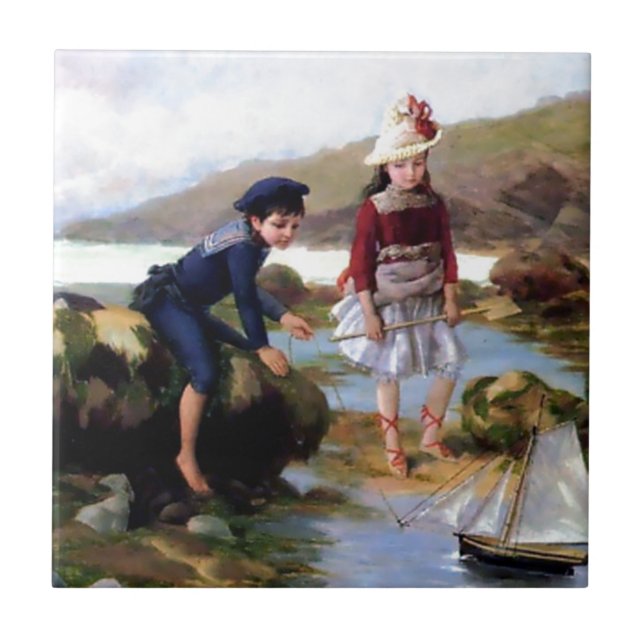 Boy and Girl playing with Toy Sail Ship painting Tile (Front)
