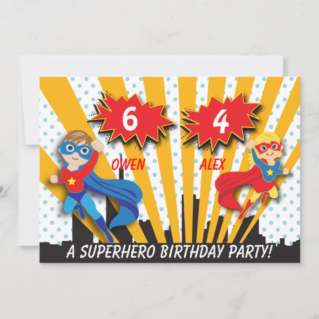 Boy and Girl Superhero Birthday Invitation (Front)
