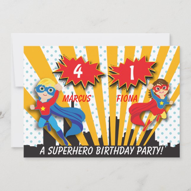 Boy and Girl Superhero Birthday Invitation (Front)