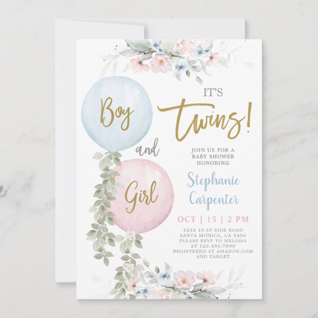 Boy and Girl Twins Baby Shower Invitation (Front)