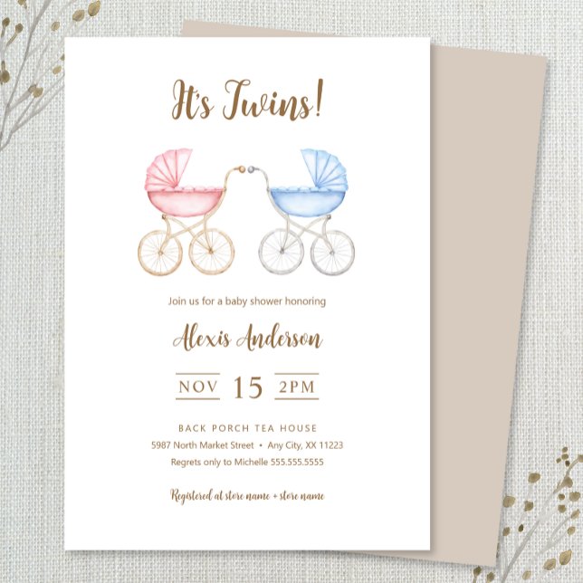 Boy and Girl Twins Carriages Baby Shower Invitation (Creator Uploaded)