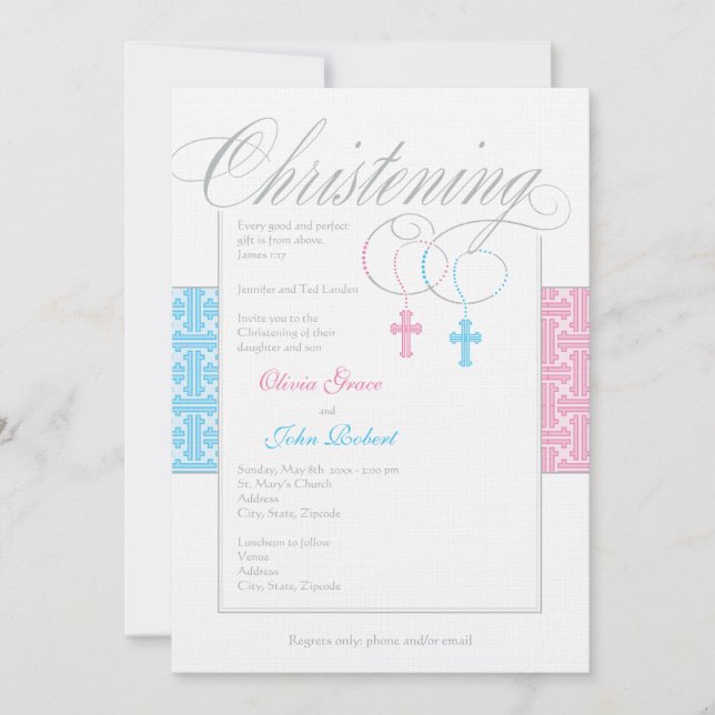 Boy and Girl Twins Christening Invitation (Front)