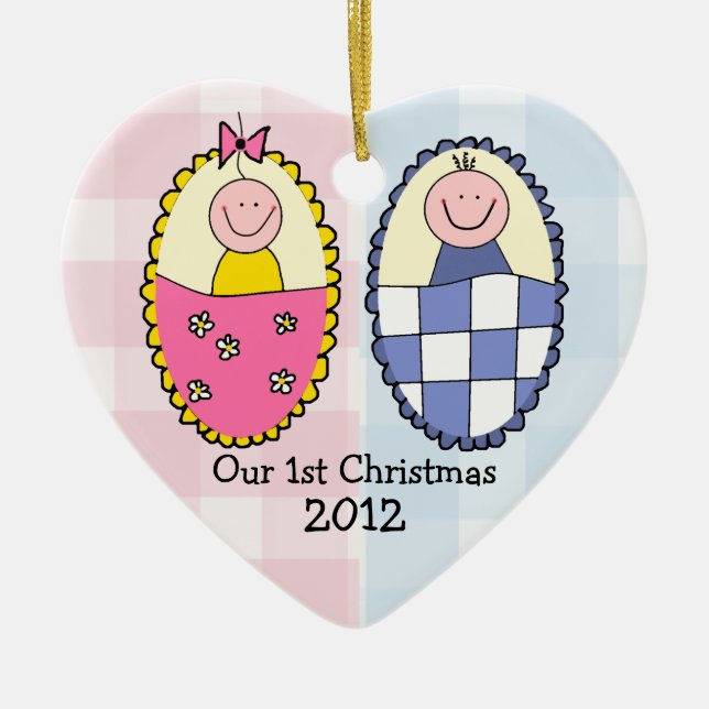 Boy and Girl Twins First Christmas Blue Pink Ceramic Tree Decoration (Front)
