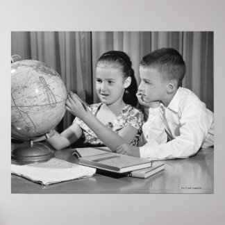 Boy and Girl Viewing Globe Poster