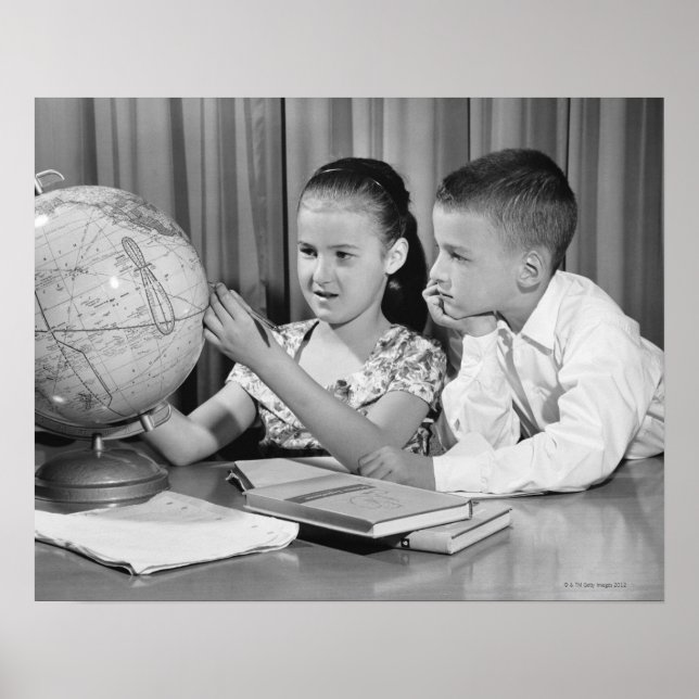 Boy and Girl Viewing Globe Poster (Front)