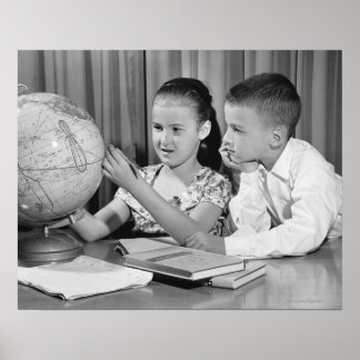 Boy and Girl Viewing Globe Poster