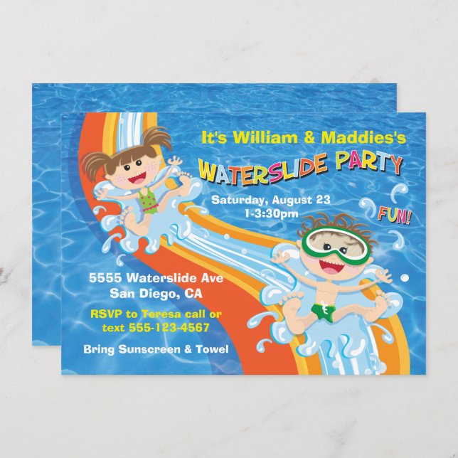 Boy and Girl Waterslide Pool Party Birthday Invite (Front/Back)