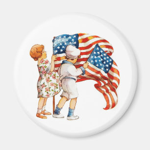 Boy and Girl Waving Flags Magnet