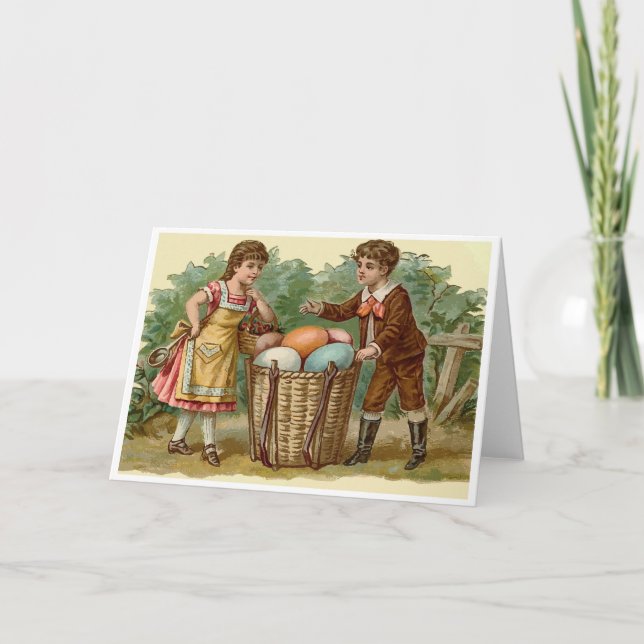 Boy and Girl with Easter Baket full of Eggs Holiday Card (Front)