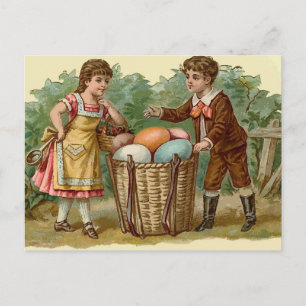 Boy and Girl with Easter Baket full of Eggs Holiday Postcard