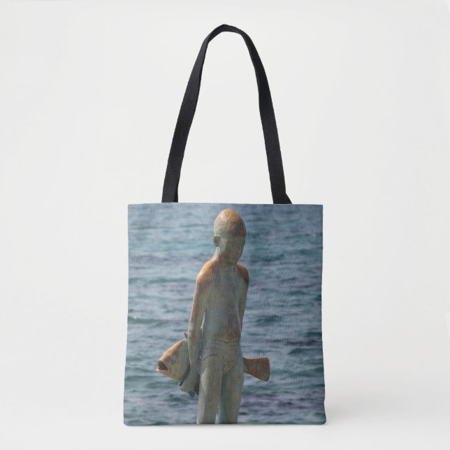 Boy and his Fish statue Paphos seafront Tote Bag (Front)