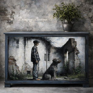 Boy and Loyal Dog in Ruins Blue Grey Decoupage Tissue Paper