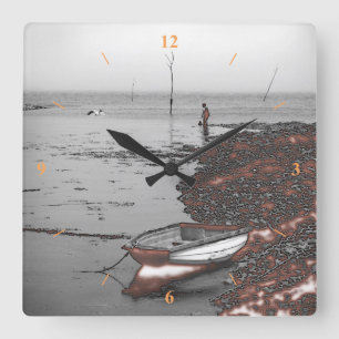 Boy and Seagull fishing by a nuclear power station Square Wall Clock