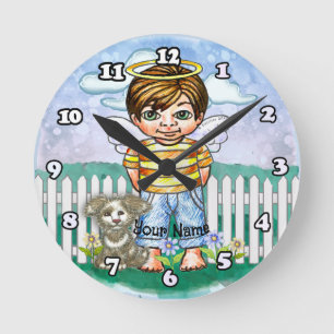 Boy Angel and Dog  Round Clock
