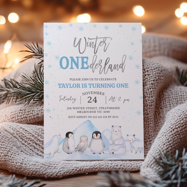 Boy Arctic Animals Winter Onederland 1st Birthday  Invitation (Boys Winter Onederland Birthday Invitation Silver Blue Arctic Animals Snowflakes Winter One-derland )