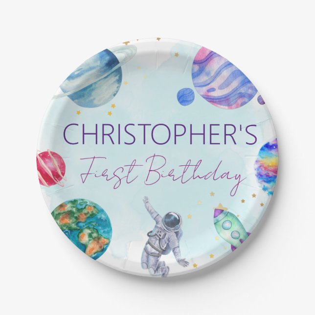 Boy Astronaut Gold Blue Rocket Ship Planet  Paper Plate (Front)