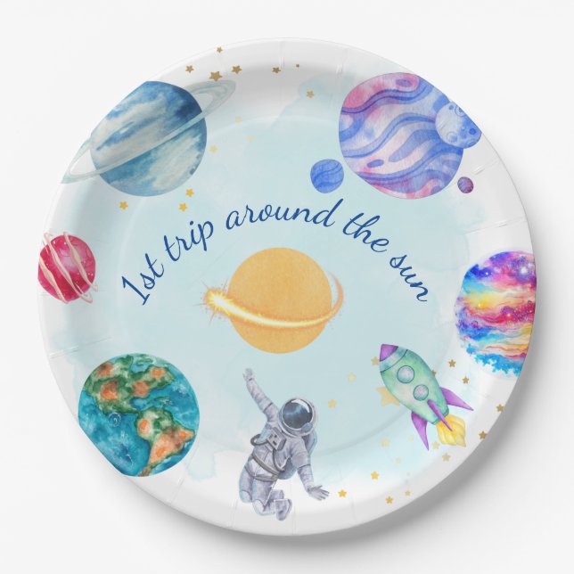 Boy Astronaut Gold Blue Rocket Ship Planet  Paper Plate (Front)