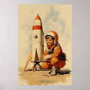 Boy astronaut retro style poster