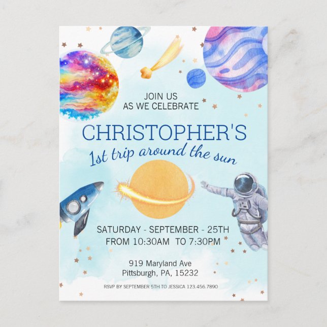 Boy Astronaut Space birthday party Postcard (Front)