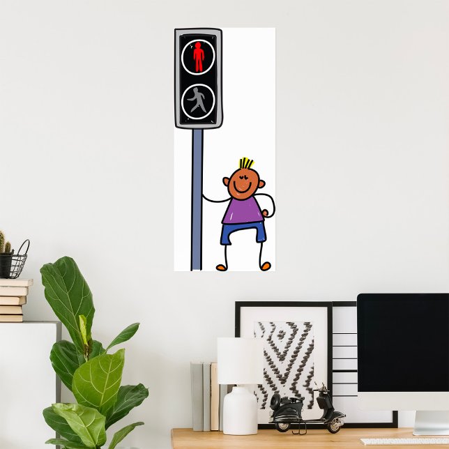 Boy at Pedestrian Crossing with Red Stop Signal Poster (Creator Uploaded)