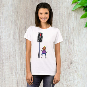 Boy at Pedestrian Crossing with Red Stop Signal T-Shirt