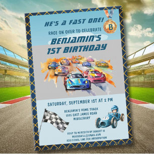 *Boy Auto Car Racing Theme 1st Birthday Party Invitation