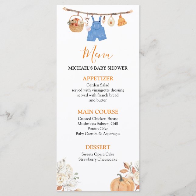 Boy Autumn Clothes Pumpkin Fall Baby Shower Menu (Front)