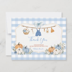 Boy Autumn Clothes Pumpkin Fall Baby Shower Thank You Card