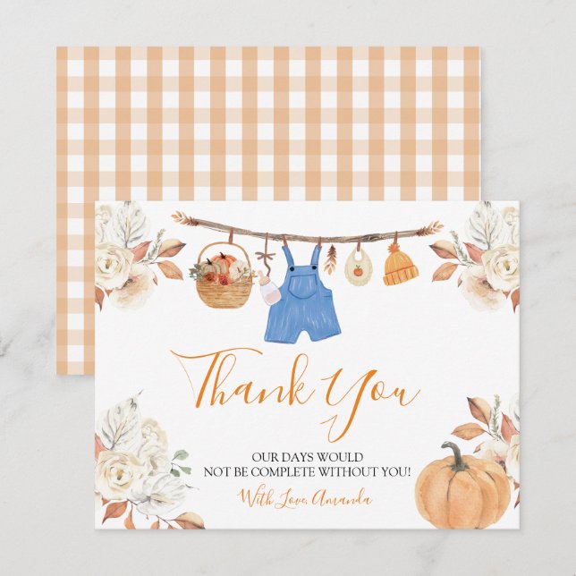 Boy Autumn Clothes Pumpkin Fall Baby Shower Thank You Card (Front/Back)