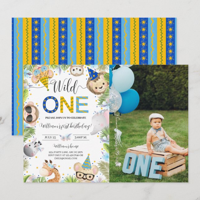 Boy Baby Animals Cute Wild One Photo Invitation (Front/Back)