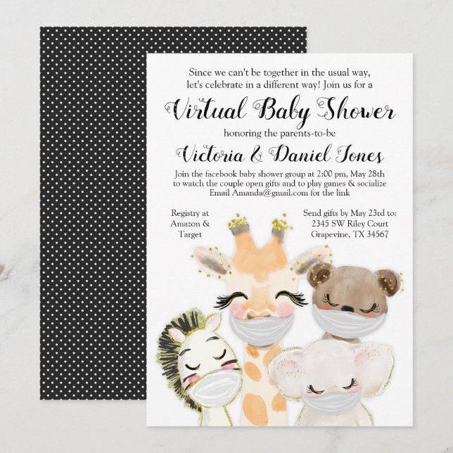 Boy Baby Animals Mask Covid Drive By Baby Shower Invitation (Front/Back)