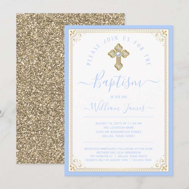 Boy Baby Blue Light Gold Elegant Baptism Invitation (Front/Back)