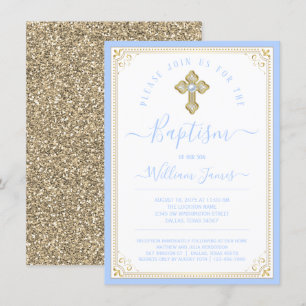 Boy Baby Blue Light Gold Elegant Baptism Invitation