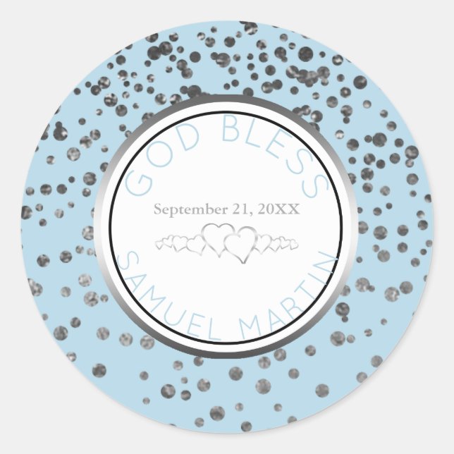 Boy Baby Blue Silver Personalised Religious Favour Classic Round Sticker (Front)