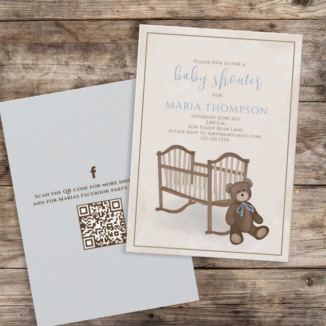 Boy Baby Blue Teddy Bear QR Code Social Media Invitation (Creator Uploaded)