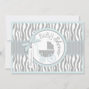 BOY Baby Carriage, Zebra Print & Blue Baby Shower Invitation