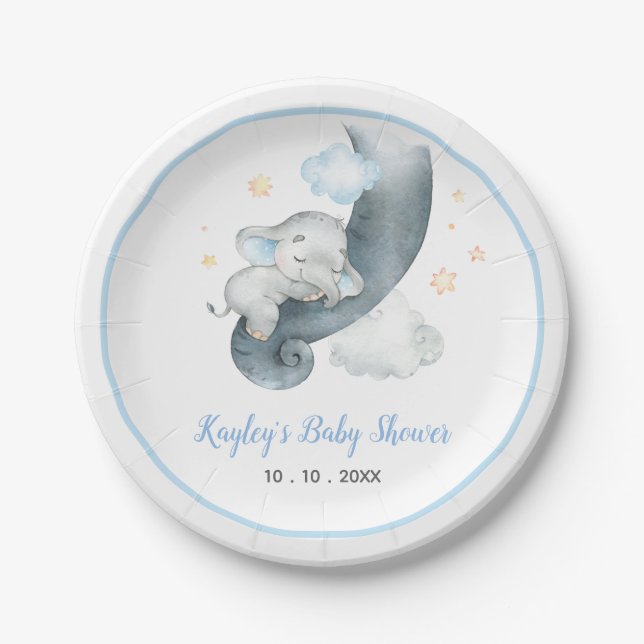 Boy Baby Elephant Baby Shower (Sleeping Dreamy) Paper Plate (Front)