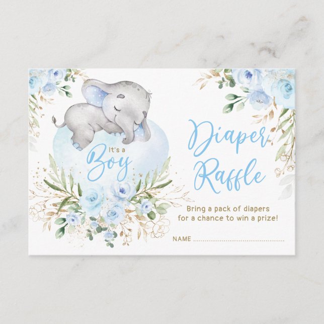 Boy Baby Elephant Blue Roses Diaper Raffle Enclosure Card (Front)