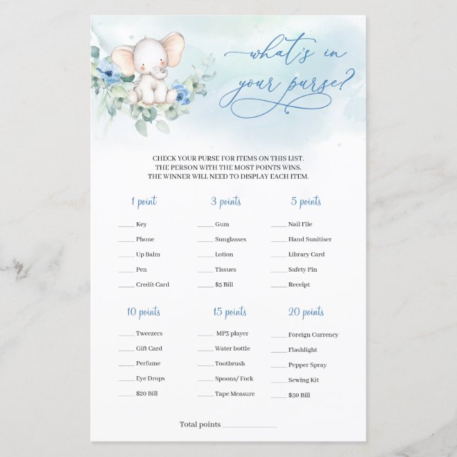 Boy baby elephant What is in Your Purse Game (Front)