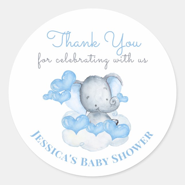Boy Baby Elephant with Blue Hearts - Thank You Classic Round Sticker (Front)