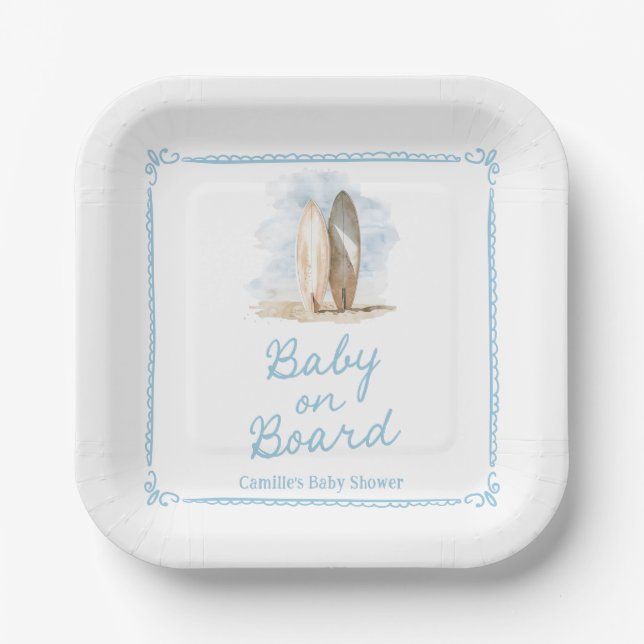 Boy Baby on Board Beach Baby Shower Paper Plate (Front)