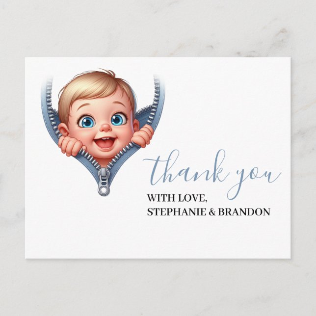 Boy Baby Peeking out Baby Shower White Thank You   Postcard (Front)